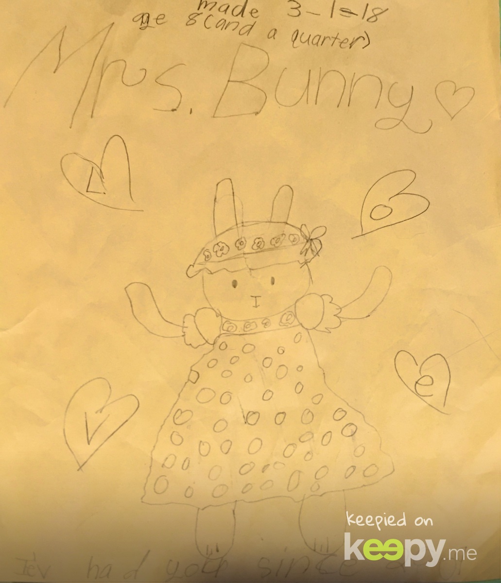 Mrs. Bunny. Every couple months #RoslynJ seems to rediscover & obsess over 1-2 stuffies, & carries then everywhere. Here is a drawing she did of Mrs. Bunny she’s had before she was born (which came from her Great Aunt Joyce).