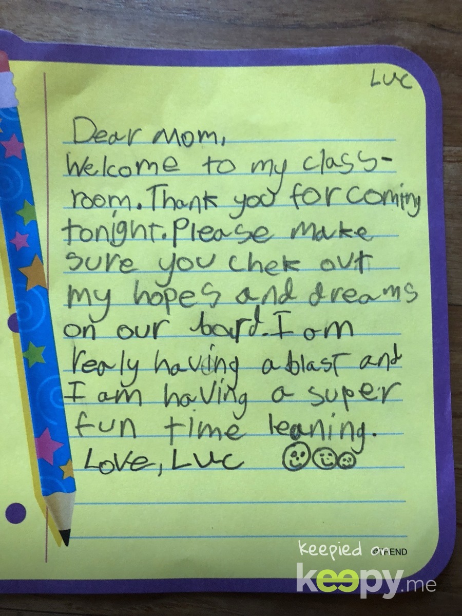 Luc’s letter to mom for Back to School night.