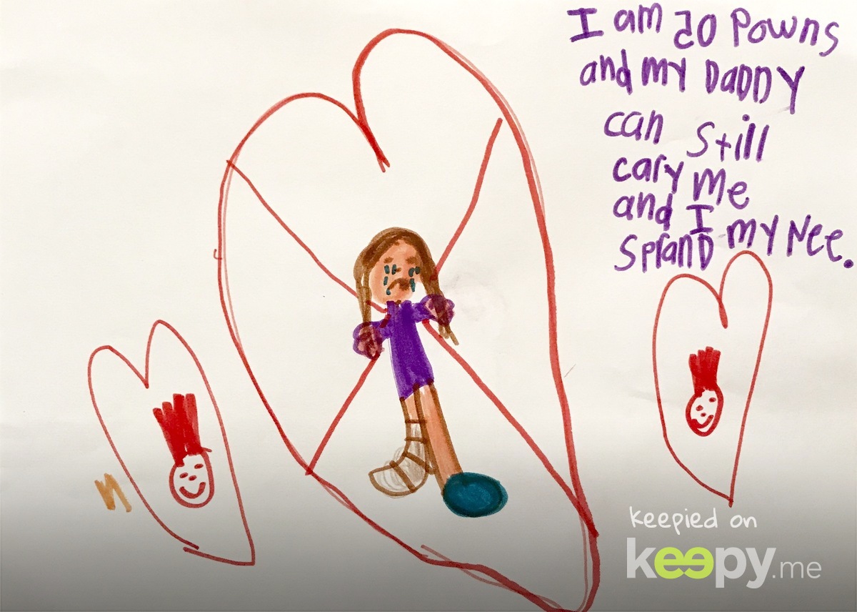 "I am 50 pounds and my daddy can still carry me and I sprained my knee."
