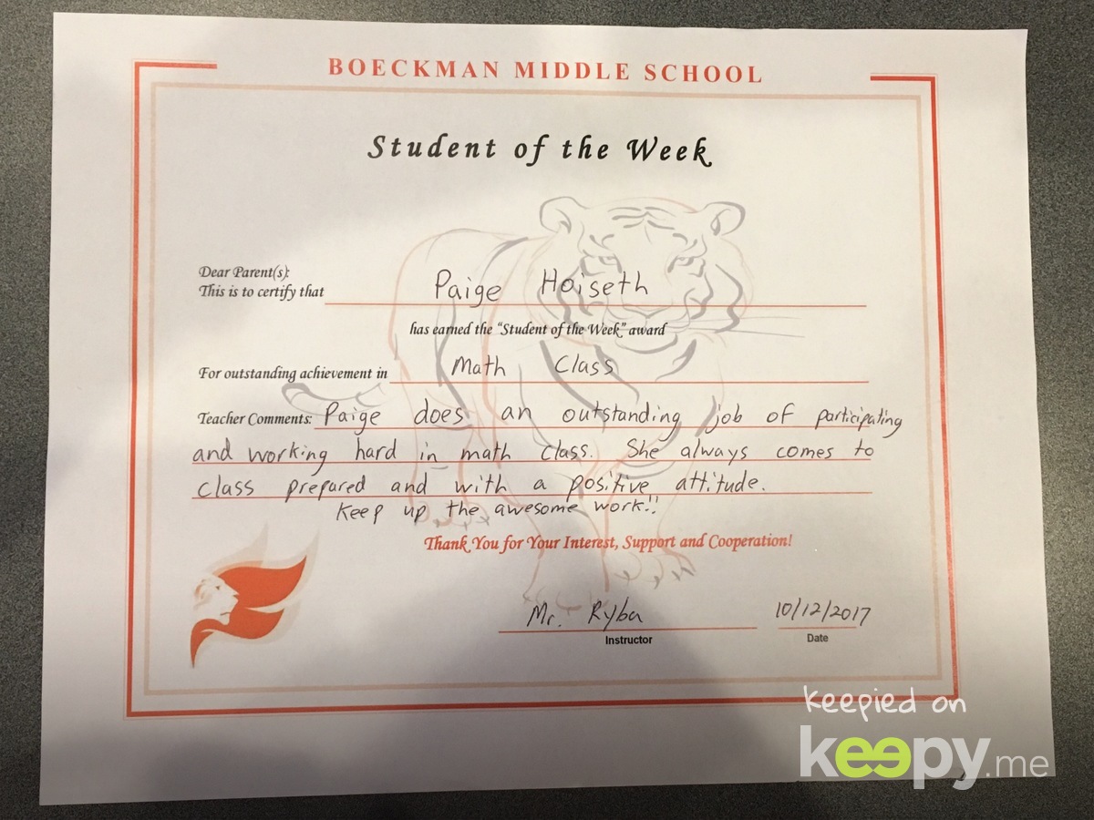 Paige received student of the week!! » Keepy.me
