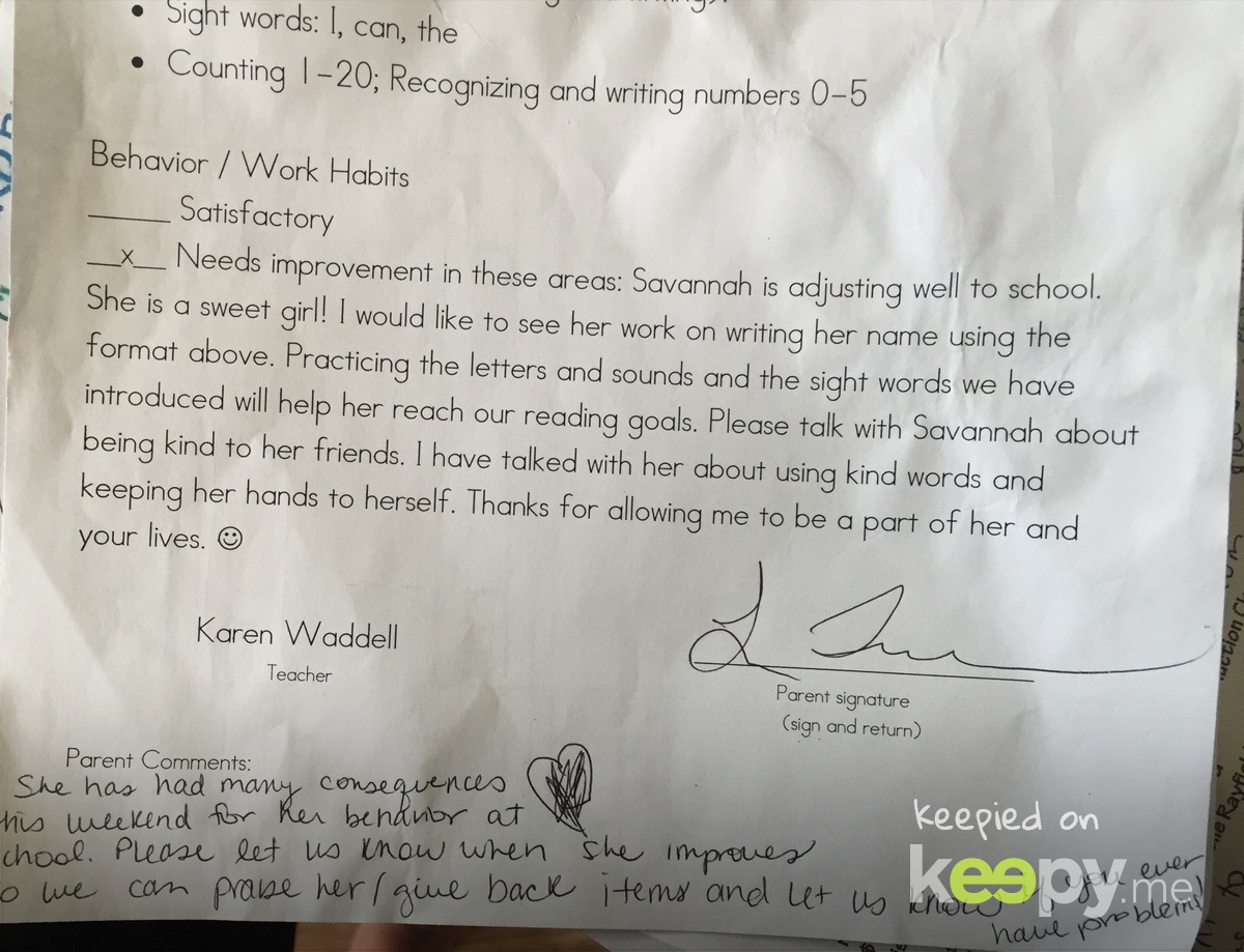 First progress report- note: all kids got needs improvement because they've not been there long enough to assess skills.  » Keepy.me
